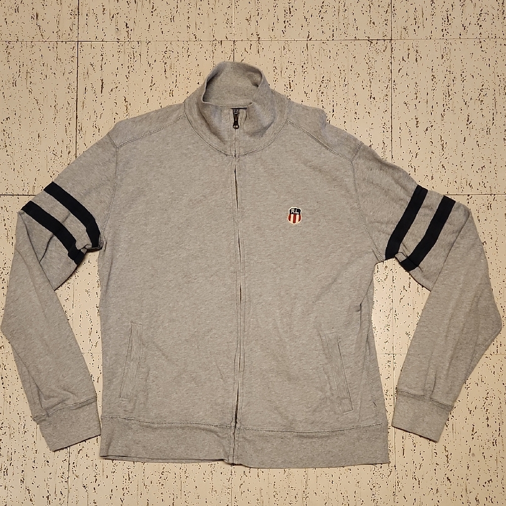 Polo Ralph Lauren Grey Embroidered Crest Logo Full Zip Collar Sweater